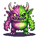 A vibrant pixel art monster, split down the middle with pink and green coloration, stands ready with a mischievous grin. This creature's dual-toned appearance, combined with its sharp teeth and glowing eyes, creates a playful yet slightly menacing vibe.