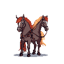 A pixelated, two-headed horse with contrasting manes stands serenely against a dark backdrop. This creature blends fantasy and vintage aesthetics with its earthy tones and simple, yet surreal design.