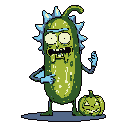 Pixelated Pickle Rick, complete with drool and spikes, stands beside a carved Halloween pumpkin. This fan-art captures the quirky and unsettling vibe of *Rick and Morty* with a macabre Halloween twist. The stark black background emphasizes the sickly green and blue color palette.
