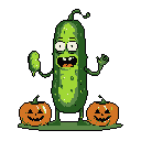 Pixelated Pickle Rick, sporting a surprised expression, holds a tiny pickle in one hand while flanked by two carved jack-o'-lanterns. This quirky pixel art captures the character's signature humor with a festive Halloween twist.