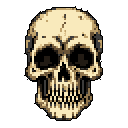 This pixel art image features a centrally-placed, beige and brown skull rendered against a stark black backdrop. The simple composition and muted color palette create an ominous and slightly melancholic vibe.