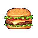 This detailed pixel art showcases a mouthwatering cheeseburger, rendered in vibrant, nostalgic detail. From the sesame-studded bun to the melted cheese, every layer is a pixel-perfect tribute to this classic comfort food.