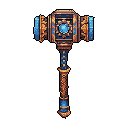 This pixel art showcases a meticulously crafted, fantasy warhammer, radiating power with its deep blue and golden-orange design. The weapon features intricate filigree, a glowing light blue gem, and vibrant aqua faces, hinting at ancient magic and legendary origins. It's a stunning artifact fit for a hero or deity.