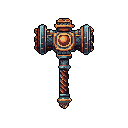 This detailed pixel art showcases a powerful, fantasy-style warhammer with a complex, steampunk-inspired head featuring striking cyan faces and intricate copper/bronze accents. The twisted handle and decorative pommel complete the weapon's ancient and formidable design.