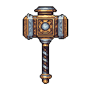 This pixel art showcases an ornate warhammer, its head intricately detailed with gold filigree and silver accents. The weapon's twisted handle and rich metallic color scheme evoke a sense of power and legendary craftsmanship against a stark black backdrop.