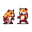 Two charming pixel art hamsters, one relaxed and the other ready for action, face each other against a simple backdrop. Their expressive poses and warm color palette create a cute and playful scene.