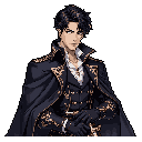 This pixel art portrait features a confident and elegant nobleman with a piercing gaze, adorned in richly embroidered attire and a striking golden pendant. His dark and refined style evokes a sense of mystery and powerful sophistication.