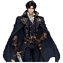 A stoic, aristocratic figure is captured in detailed pixel art, holding a dagger with a knowing smirk. His opulent attire and weapon hint at nobility and adventure. Rich, dark colors accented with gold create an air of elegance and mystery.