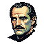 This pixel art portrait captures a mature man with dark hair and a mustache, rendered in muted tones. His thoughtful gaze and strong facial features evoke a sense of seriousness and introspection. The retro style adds a nostalgic touch to this dignified character study.
