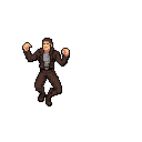 A pixel art character in a brown jacket strikes a dynamic action pose, leaning back with clenched fists, suggesting a moment of intense struggle.