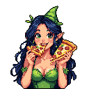 A joyful pixel art fairy is caught in a moment of pure bliss, eyes closed and wings shimmering, as she devours a delicious slice of pizza. This whimsical image captures a lighthearted scene with vibrant colors and a touch of magic.