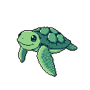 This charming pixel art image features a cheerful sea turtle, rendered in cool shades of green and teal, seemingly swimming in a void. Its friendly expression and simple design evoke a sense of calm and nostalgia.