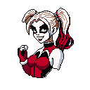 This pixel art portrait captures Harley Quinn's mischievous smirk and energetic personality. The iconic red, white, and black color scheme pops against the black background, showcasing her bold and playful character. The retro style adds a nostalgic touch to this edgy depiction.