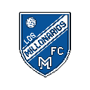 This pixel art depicts the shield-shaped crest of the Millonarios football club. The emblem features a blue background with a white diagonal stripe, the team name, a football, and a stylized "M" and "FC," rendered in a classic, retro style.