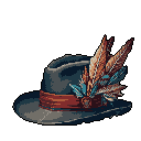 This pixel art showcases a stylish fedora with an intricate feather arrangement, rendered in a rich, vintage-inspired color palette. Set against a stark black background, the hat exudes sophistication and a hint of adventure, making it a captivating focal point.