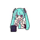 This pixel art depicts an agitated, chibi Hatsune Miku, complete with her signature turquoise pigtails, shouting in frustration. Her expressive face and hunched posture convey a moment of relatable exasperation.