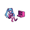 Pixel art Hatsune Miku sits in a void, gazing at the viewer while holding a device, her iconic teal pigtails and pink outfit popping against the stark black background. She's accompanied by a retro hot pink computer, adding to the image's retro-futuristic vibe.