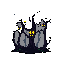 Gnarled, tree-like figures with glowing yellow eyes cluster together in this unsettling pixel art, their dark forms creating an ominous and watchful presence.