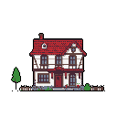 This pixel art showcases a charming, Tudor-style house with a red roof, rendered in a cozy color palette against a stark black background. The quaint home is complete with a small porch, a simple fence, and a lone pine tree, evoking a sense of peaceful nostalgia.