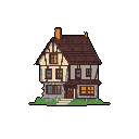 This charming pixel art depicts a cozy, two-story half-timbered house with warmly lit windows, evoking a sense of old-world nostalgia. Standing on a small patch of green, the sturdy dwelling suggests a classic fantasy or simulation game setting.