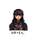 This pixel art portrait captures a young person with dark hair in a contemplative mood, rendered with a muted palette and striking direct gaze. Subtle pixelated symbols beneath the character hint at a potential game context.