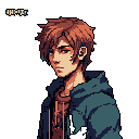 This pixel art portrait captures a young man with messy reddish-brown hair and a teal hoodie, his somber expression hinting at introspection. The muted color palette and detailed pixel work create a melancholic and thoughtful vibe.