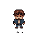 This pixel art features a chibi-style male character with a resolute expression, clad in worn denim and earthy tones. The nostalgic sprite evokes a retro gaming vibe, blending a tough appearance with charming design.