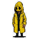 A lone figure in a striking yellow raincoat and gas mask stands isolated in the darkness, evoking a sense of mystery and quiet unease. The pixelated style and stark color palette give this enigmatic character a retro yet unsettling presence.