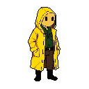 A solitary, pixelated figure in a bright yellow raincoat stands out against a black background, adding a pop of color. With a pipe in mouth, the character evokes a contemplative and slightly mysterious mood.
