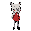 This pixel art features a stylized fox/wolf character with piercing red eyes and a striking red outfit against a solid gray background. The enigmatic design and intense gaze create a captivating and slightly unsettling retro-modern feel.