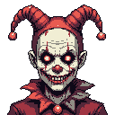 This pixel art image presents a chilling, front-facing bust of a sinister clown with glowing red eyes and a menacing grin. Red markings and a horned jester hat amplify the horror aesthetic, creating an unsettling and unforgettable portrait.