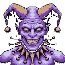 This pixel art bust depicts a sinister jester with glowing eyes and a disturbing grin. The character's detailed, wrinkled face and traditional jester attire create an unsettling blend of nostalgia and horror.