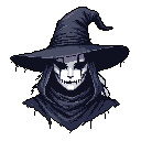 A chilling pixel art bust features a masked, skull-faced witch with a pointed hat and dark cloak. The stark white visage and empty black eyes create an unsettling, ominous presence, perfect for dark fantasy or horror themes.