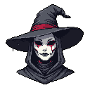 A chilling pixel art bust features a skeletal witch with a wide-brimmed hat and blood-red tears, its unnerving smile contrasting with the dark, ominous vibe. The figure's stark presentation against a black backdrop amplifies the macabre and unsettling atmosphere.