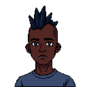 This pixel art portrait features a young person with a dark complexion and a spiked mohawk, their neutral expression hinting at a reserved coolness. The simple yet striking design, complete with a lip piercing and a plain blue tee, makes for a memorable character bust.