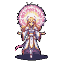 A radiant, pixelated warrior woman, adorned in white and gold armor, emanates divine power with a glowing aura. She stands poised, ready to cast a spell or present her power, her presence commanding and ethereal.