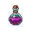 A vibrant magenta potion swirls within a detailed pixel art bottle, its mysterious contents sealed with a rustic cork. The isolated flask, set against a stark black backdrop, hints at powerful magic and untold possibilities.