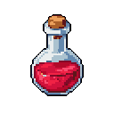 This pixel art image showcases a vibrant, red health potion in a subtly shaded glass bottle, presented against a stark black background. The detailed shading and classic shape give this game asset a nostalgic yet polished feel, evoking fantasy and utility.