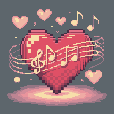 A pixelated 3D heart radiates a soft glow, encircled by swirling musical notes and smaller floating hearts. The image evokes a sweet and romantic feeling, suggesting the harmony of love and music.