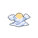 A pale yellow pixel art sun bursts through a break in fluffy white and light blue clouds, creating a serene and hopeful moment against a stark black void. The simple pastel palette emphasizes the ethereal beauty of sunlight peeking through the clouds.