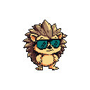 This pixel art image features a cool and confident cartoon hedgehog striking a pose with stylish sunglasses. The earthy color palette and simple expression evoke a playful yet self-assured character.