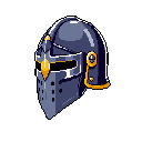 This pixel art showcases a knight's helmet in striking blue-grey and gold, evoking a sense of medieval strength and resilience. The detailed design and classic style give it a nostalgic, video game-inspired feel.
