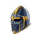 A stylized pixel art knight's helmet, rendered in shades of blue-grey and gold against a black background, evokes strength and nobility. The ornate design and metallic highlights suggest a treasured artifact from a fantasy realm.
