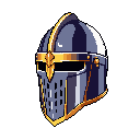 A pixel art image presents a striking medieval knight's great helm, rendered in dark metallic hues and accented with bold golden stripes and trim. The helmet's design evokes strength and nobility through its simple, clean design.