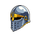 This pixel art image showcases a closed knight's helmet, rendered in cool metallic tones with golden accents, evoking a sense of history and minimalist, retro-gaming style. The helmet's angled pose and detailed design, from the visor hinge to ventilation holes, give it a solid and iconic presence against the stark black background.