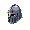 This pixel art showcases a stylized, metallic helmet with a T-shaped visor, rendered in shades of grey and accented with regal golden yellow details. The helmet's design evokes a sense of strength and antiquity, reminiscent of fantasy armor from classic 2D games.