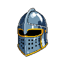 This pixel art showcases a metallic knight's great helm, complete with golden trim, rendered in a classic, stylized aesthetic. The isolated helmet evokes a sense of strength and medieval fantasy.