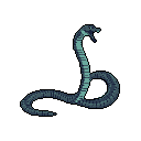 This pixel art image features a stylized cobra, poised and ready to strike with flared hood and open mouth. The cool-toned colors and dark background enhance the snake's quiet intensity and sense of potential danger.
