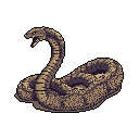 This pixel art image showcases a menacing cobra, coiled and poised to strike with fangs bared. Rendered in muted browns and purples, the detailed scales and aggressive posture create a sense of danger.