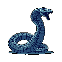 This pixel art image captures a menacing cobra in a defensive stance, its flared hood and open mouth rendered with striking detail using a limited, cool-toned palette. The intense focus on the snake's form and texture conveys a feeling of raw power and imminent danger.